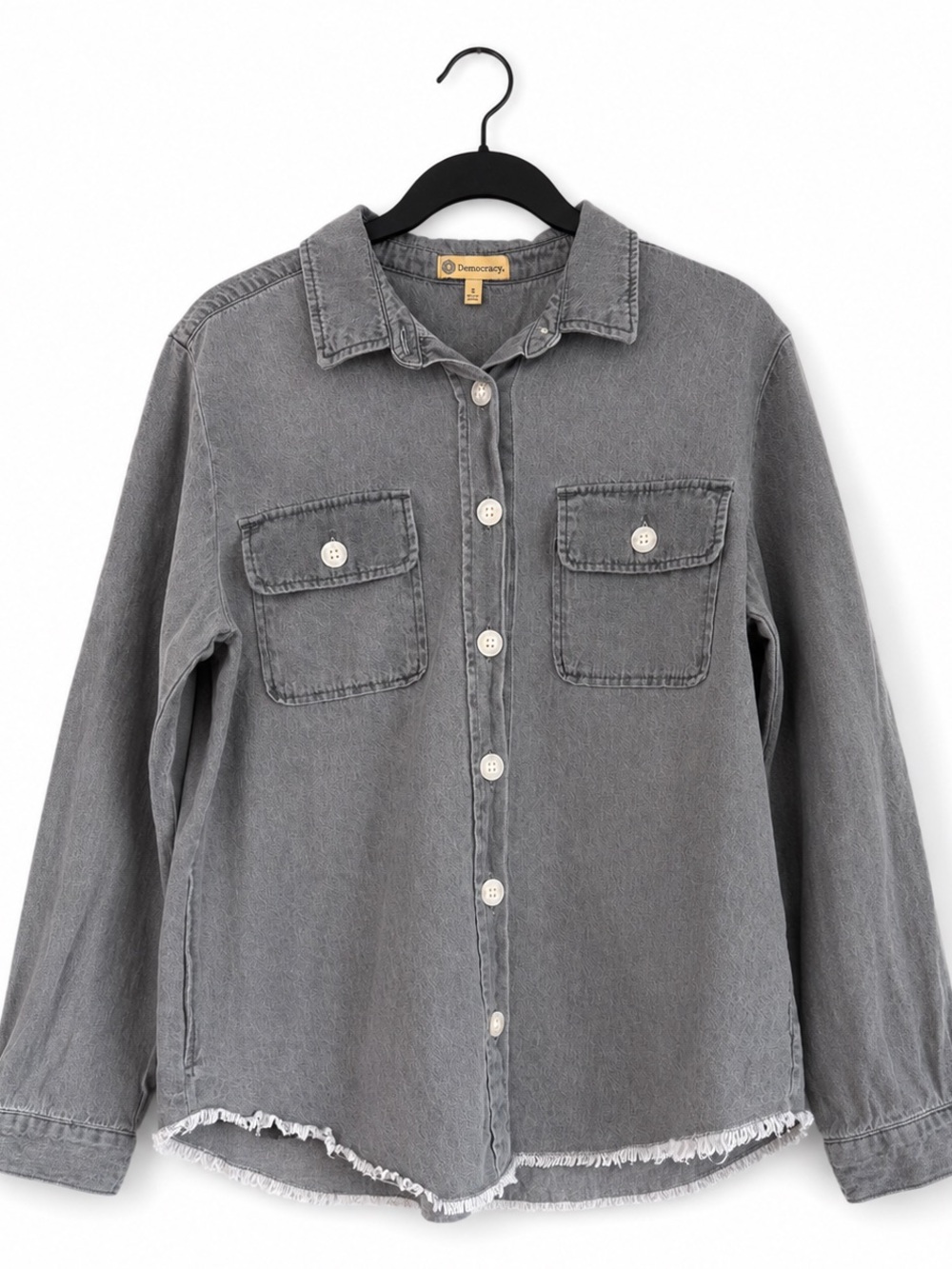 Democracy Womens Gray Denim Button Down Shirt Size Small Raw Hem Pockets